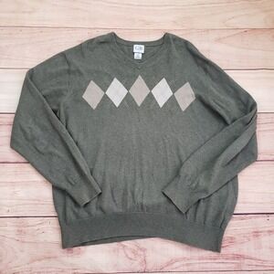 Geoffrey Beene Sweater Mens Medium Olive Green V-Neck Cotton‎ Preppy Argyle